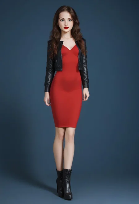 Expressiveh, red lipstick, long pony tail, (brunette 1.2), super long hair, Open white sports jacket,
Long red dress,
very high platforms boots, 9 inch heels,
small breasts, cute, adorable, innocent, petite, thin, Katie, highly detailed, perfect skin, freckles, playful look, standing facing camera, full body image,