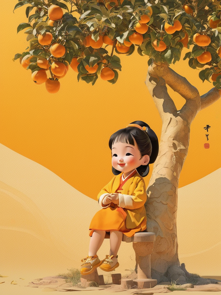 A super happy and cute ancient Chinese little girl ,Sitting Persimmon tree as backgroundï¼yellow tone,abstract picture, surrealism, clear background trend, clear outline light, edge light,fantasy, Dappled light, flat illustration, Disney style, 8k,