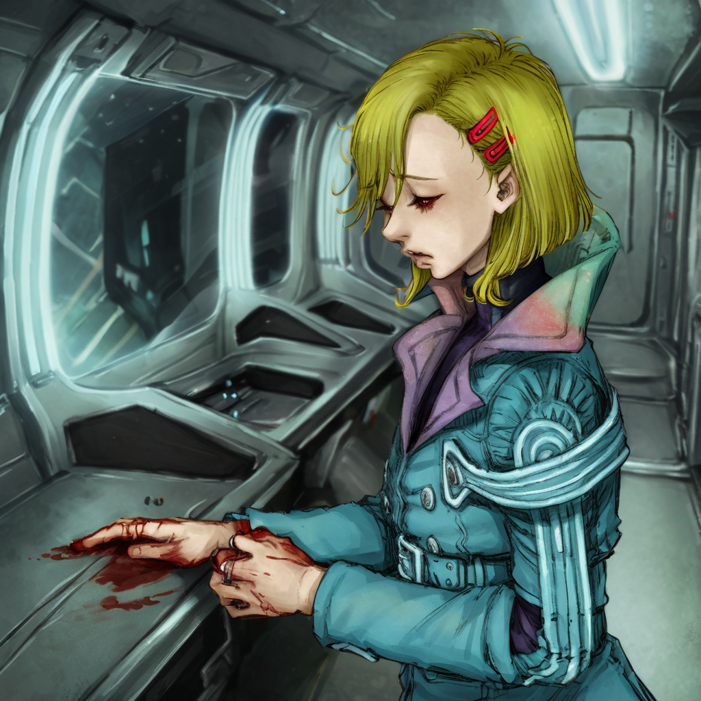 best quality, masterpiece, netsu, blonde hair, short hair, hair ornament, hairclip, jacket,sad, bloody hand, bloody, just killed a man, spaceship interior 