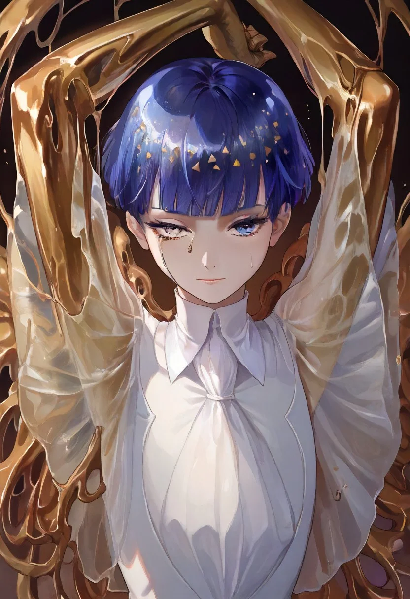 score_9, score_8_up, score_7_up, PhosllXL,androgynous, heterochromia, white eye, blue eye, blue hair, crystal hair, short hair, blunt bangs,golden arms melting, golden arms,hands above head, see-through sleeves, white bodysuit, <lora:PhosllXL-000010:1.0>