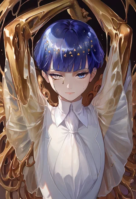 score_9, score_8_up, score_7_up, PhosllXL,androgynous, heterochromia, white eye, blue eye, blue hair, crystal hair, short hair, blunt bangs,golden arms melting, golden arms,hands above head, see-through sleeves, white bodysuit, <lora:PhosllXL-000010:1.0>