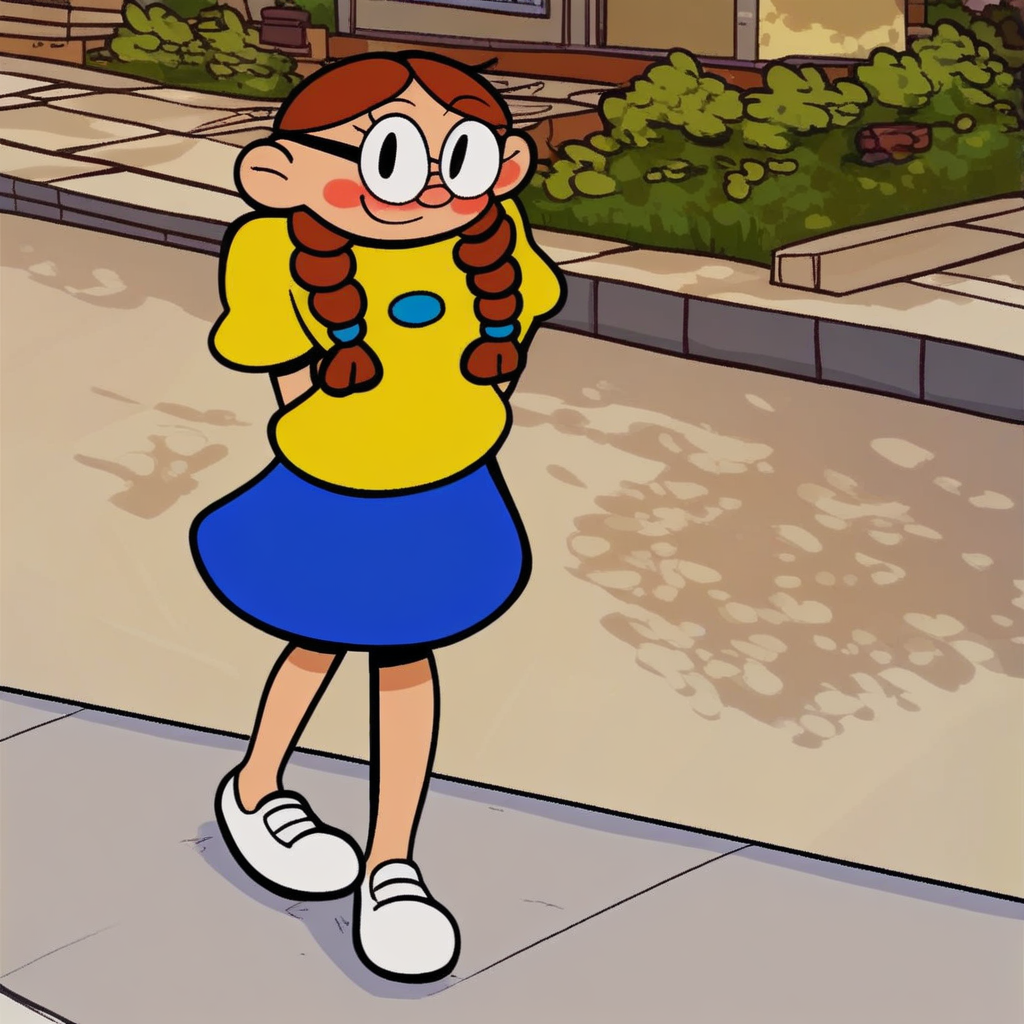score_9, solo, lizzie_knd, twin braids, glasses, brown hair, yellow shirt, blue skirt, looking at viewer, smile, blush, sidewalk, house