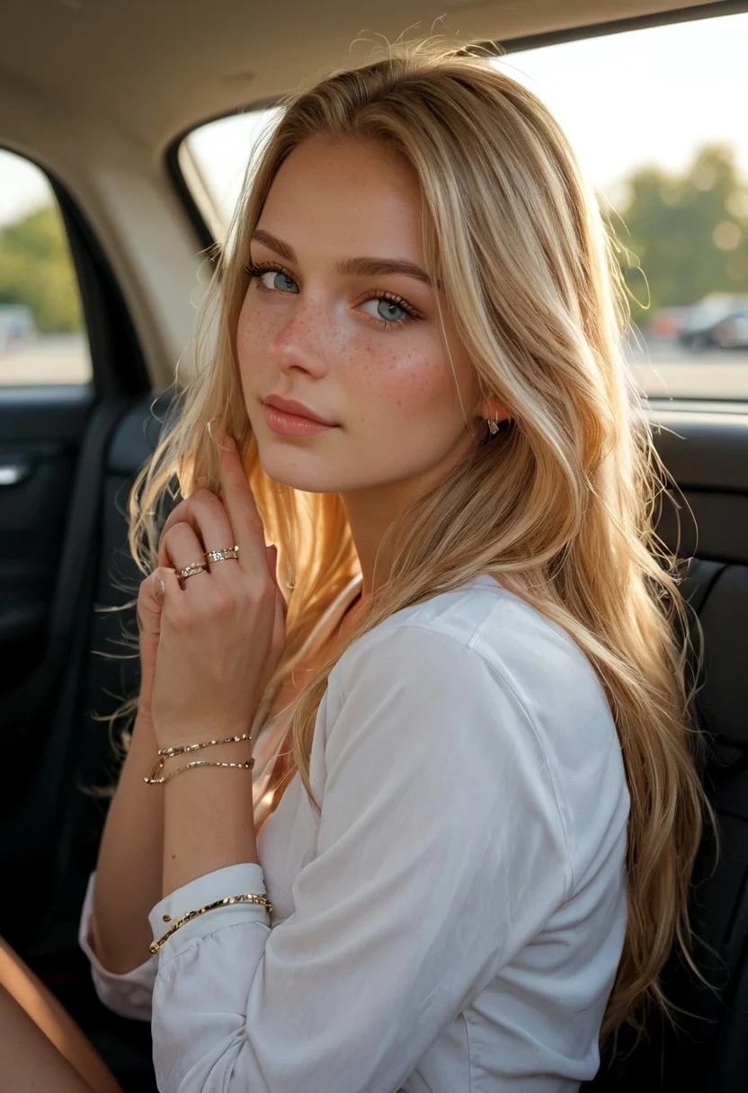 score_9, score_8_up, score_8, side view, very pretty girl with long hair,snub nose,cute,18 years old, fit,athletic,white shirt,flat chested,very small perky breasts (breasts hidden), silver Jewelry,silver bangles, silver rings on fingers, freckles, long golden blonde hair, front passenger seat of car,side view,looking at viewer,eyes sparkling,resting head on hands,distant view