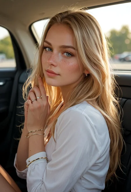score_9, score_8_up, score_8, side view, very pretty girl with long hair,snub nose,cute,18 years old, fit,athletic,white shirt,flat chested,very small perky breasts (breasts hidden), silver Jewelry,silver bangles, silver rings on fingers, freckles, long golden blonde hair, front passenger seat of car,side view,looking at viewer,eyes sparkling,resting head on hands,distant view