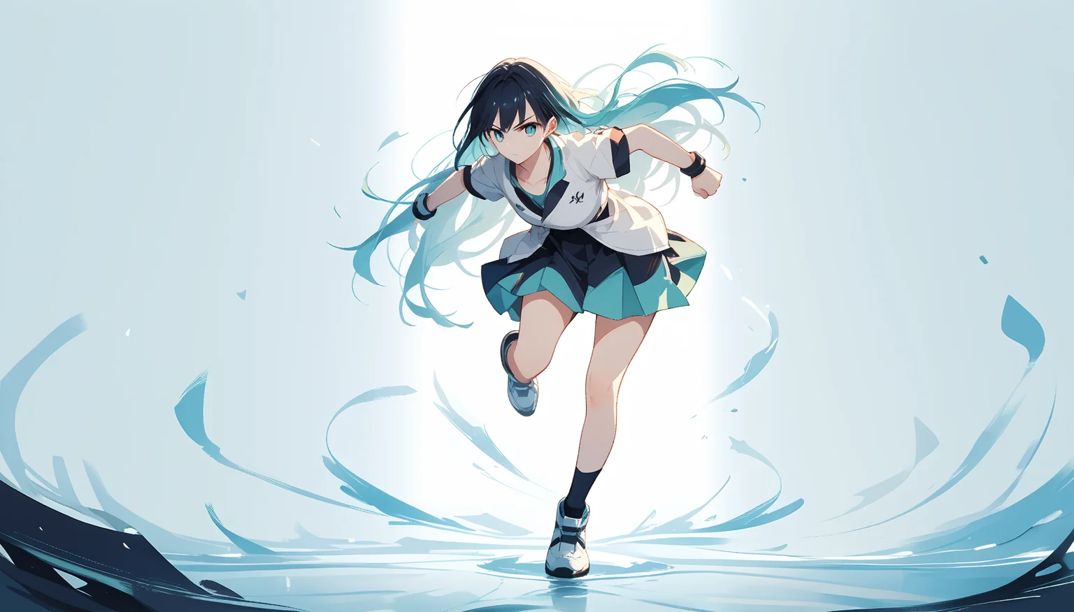 score_9, score_8_up, score_7_up, score_6_up, wallpaper-kai, (abstract-background:1.1), 1girl, aqua theme, action pose