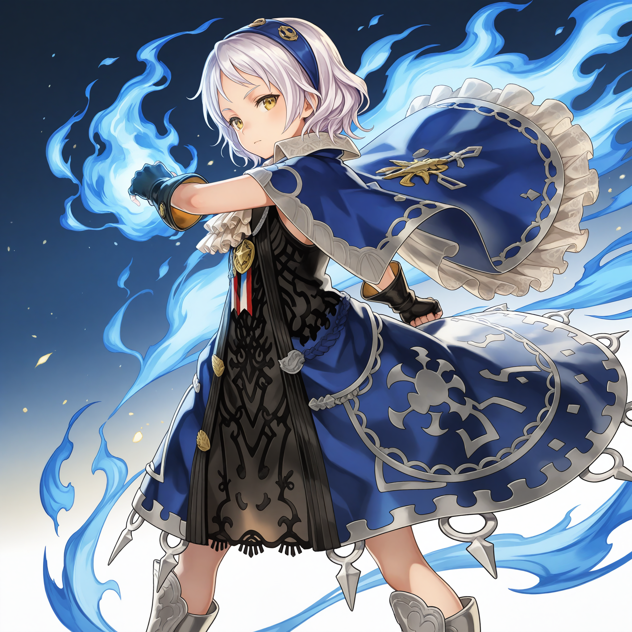 <lora:Melina_(Another_Eden)_2_nai-000020:1>,Melina \(Another Eden\),
blue hairband,fingerless gloves,black gloves,silver trim,blue cape,white frills,frilled cape,medal,white ascot,frilled ascot,black dress,blue dress,print dress,spiked metal trim,layered dress,armored boots,silver boots,
1girl,solo,looking at viewer,clenched hand,incoming attack,blue fire,flaming hand,legs apart,from side,