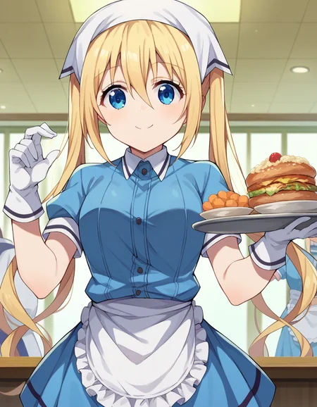 score_9, score_8_up, score_7_up, source_anime,
kahohinata, <lora:kaho-hinata-ponyxl-lora-nochekaiser:1>,
kaho hinata, blonde hair, blue eyes, hair between eyes, long hair, sidelocks, twintails, smile,
apron, blue shirt, blue skirt, frilled apron, frills, gloves, head scarf, shirt, short sleeves, skirt, uniform, waist apron, waitress, white apron, white gloves, food, tray, food tray,
indoors, restaurant,
looking at viewer, dutch angle, cowboy shot, dynamic pose,