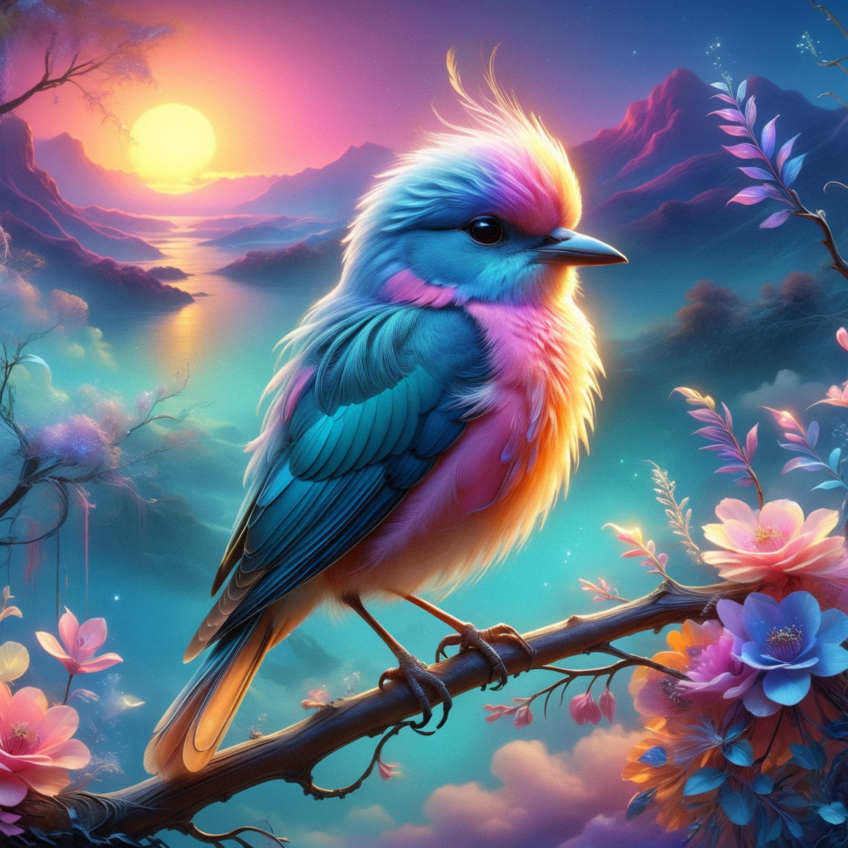 breathtaking  . award-winning, professional, highly detailed, sunset  animal   (Vibrant neon colors)    , animal  (Artistic style)  (Whimsically artistic) perched on ar branch, ethereal bird with feathers of iridescent hues,  pastel tones pinks, mauves, and soft blues, 
Fantasy style, fantasy dreamlike art, vivid color, 3d animation,


