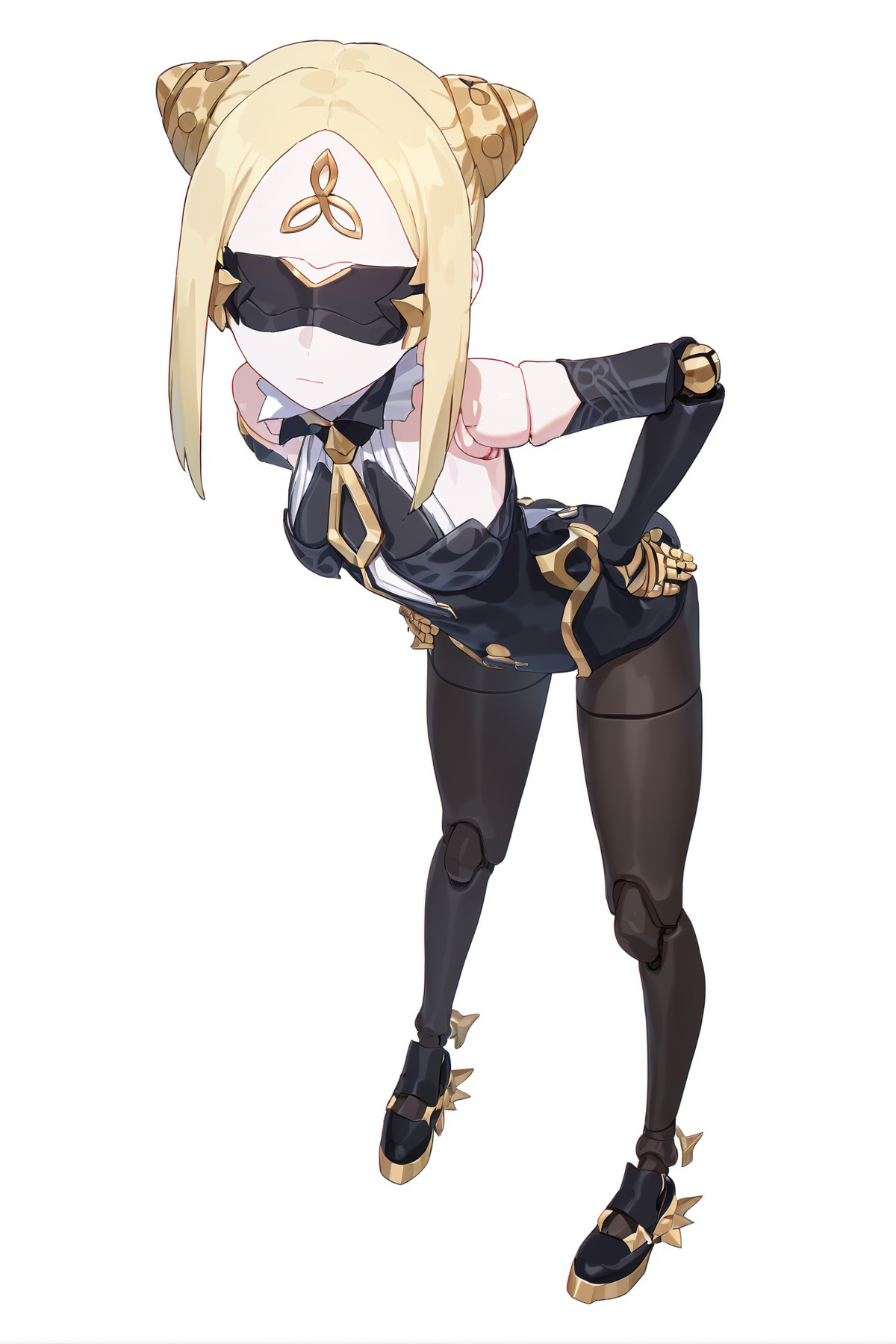score_9, score_8_up, score_7_up, score_anime, 8k, best quality, masterpiece, (ultra-detailed), (white background,simple background:1.3), solo, hands on hip, (full body:1.1), looking at viewer, 
<lora:qianren-pony-Tanger:0.8>, qianren, qianren's def clothes, 1girl, blindfold, blonde hair, pantyhose, bodysuit, joints, black shoes,