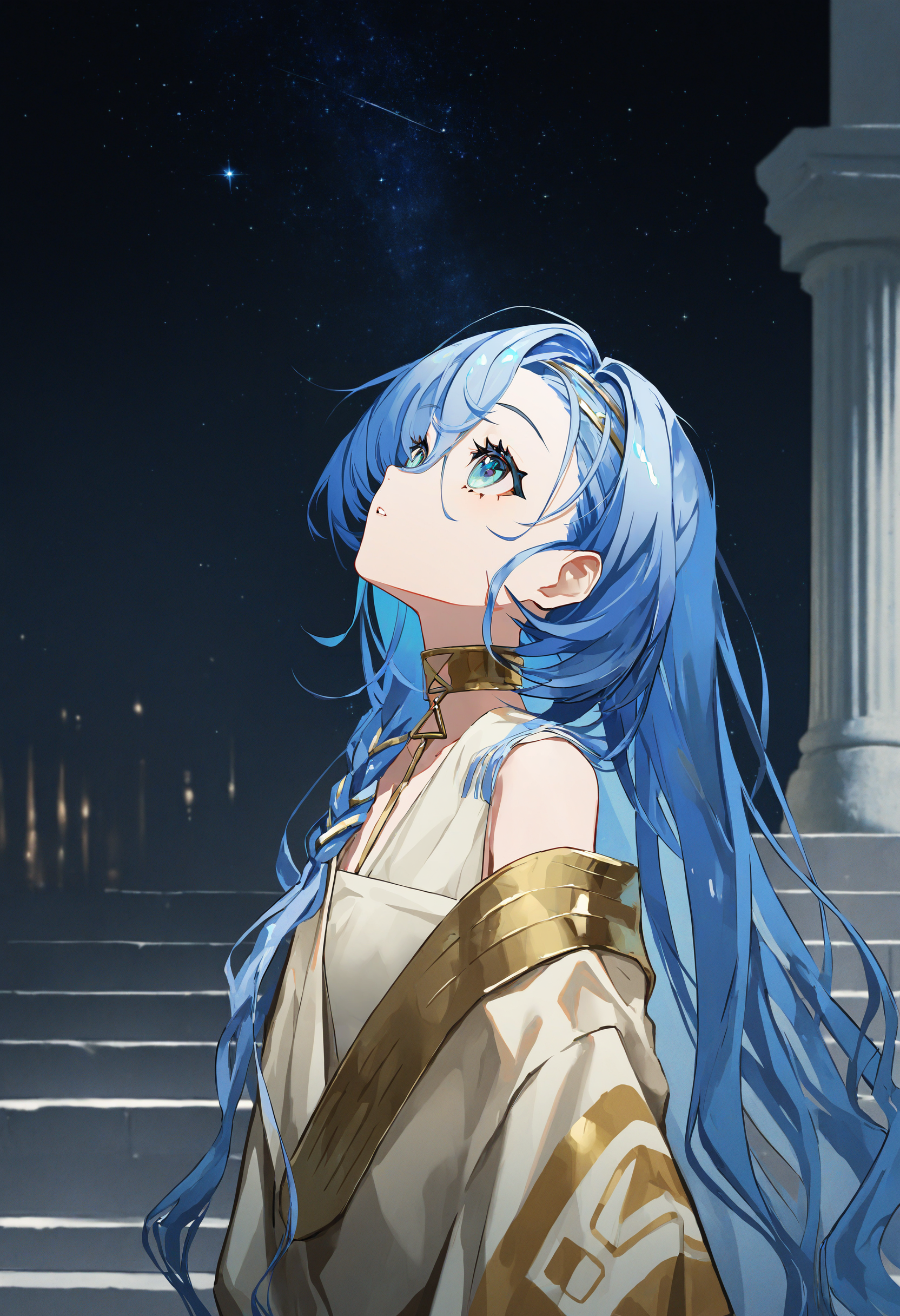 artist:[diyokama|say hana|yoneyama mai|lam \(ramdayo\)],
37 \(reverse:1999\), 1girl, solo, blue hair, toga, long hair, greco-roman clothes, ancient greek clothes, upper body, gold choker, parted lips, single bare shoulder, hair between eyes, braid, 
pillar, stairs, greco-roman architecture, night sky, starry sky, looking up, from side,
masterpiece, best quality, very awa, absurdres
<lora:noobai_vpred_1_ ancient_greek_clothes_v1:1>