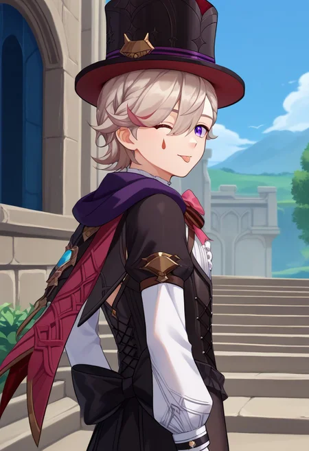 score_9, score_7_up, source_anime
lyney, 1boy, male focus, solo, purple eyes, blonde hair, short hair, braid, hair over one eye, teardrop facial mark, ouji fashion, hat, top hat, black headwear, capelet, corset, detached sleeves, long sleeves, puffy long sleeves, puffy sleeves, smile, from back, looking back, tongue out, one eye closed,
outdoor,