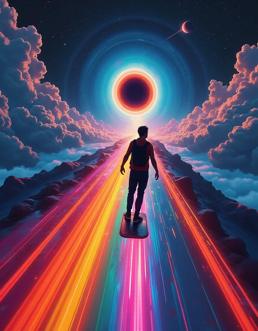 masterpiece, ultimate detailed, tiny finnest details,
A person riding a cyber surf, that hovers off of the ground at a really high speed. a road made of of a rainbow in outer space. A blackhole at the end of the track, absorbing things nearby
<lora:NeonFantasyFLUX:0.25> ne0nfant4sy <lora:Flux1-impossible_geometry_V1.0:0.4> <lora:flux.1_lora_flyway_Epic-detail_v2:0.7>, <lora:Dieselcore:0.1> d1eselc0re