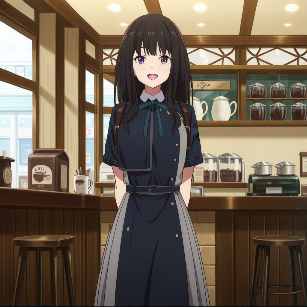nsfw, masterpiece,best quality,amazing quality,1girl, solo, lycoris_recoil_takina_lnoue, standing, arms behind back, black hair, purple eyes, lycoris uniform, long hair, bangs, smile, collared shirt, looking at viewer, shirt, green ribbon, white shirt, ribbon, open mouth, neck ribbon, indoors, blue dress, coffee shop, <lora:Takina_Inoue_-_Lycoris_Recoil:0.7>