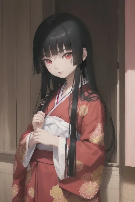 enma_ai 1girl, solo, hair down, hair black, bangs hair, eyes red, kimono black, masterpiece, best quality, high quality, fire, hell, chains, night