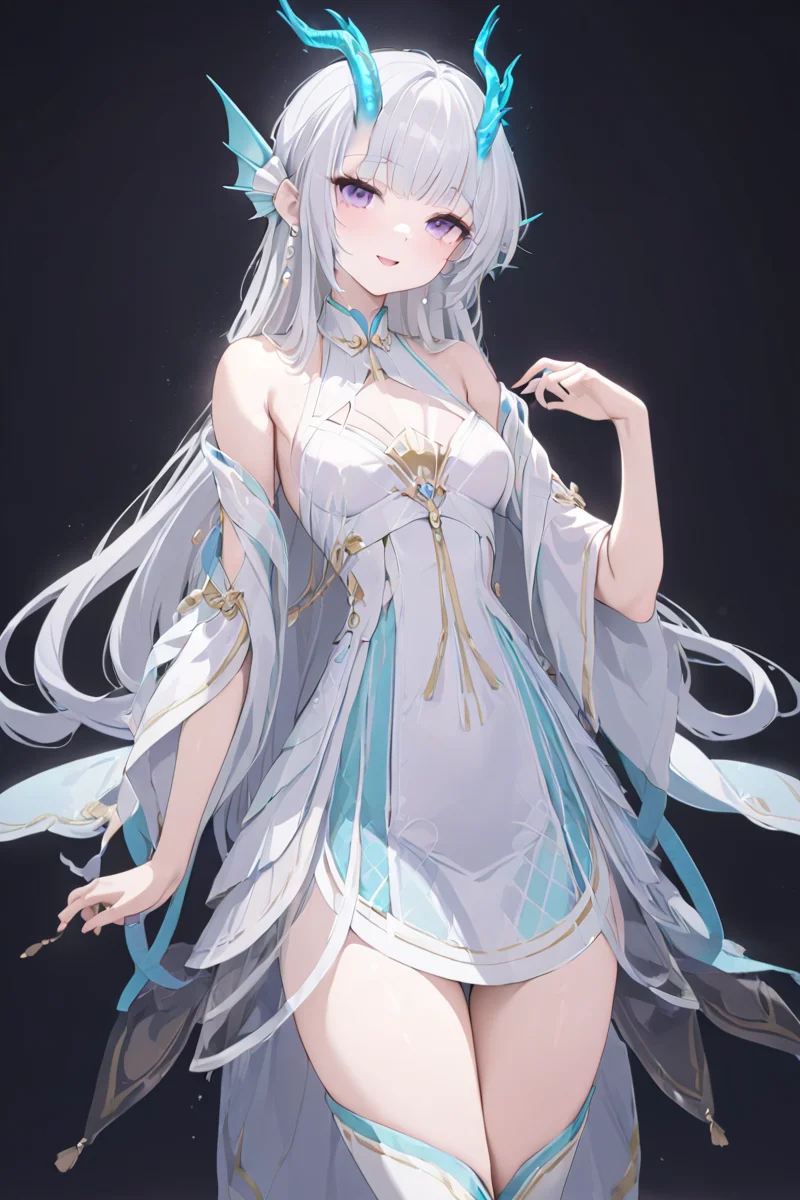 masterpiece, best quality, perfect features, 1girl, solo, light smile, looking at viewer, smile, open mouth, simple background,
white hair, purple eyes, dragon horns, fins, head fins, dress, bare shoulders,white boots, <lora:Xishi_YLQY_xl:0.9>, masterpiece, best quality,