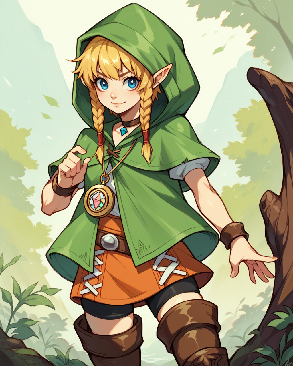 score_9, score_8_up, score_7_up, source_anime, solo, 1girl, linkle, nintendo, the legend of zelda, braid, twin braids, choker, thigh boots, zettai ryouiki, hood, <lora:linkle_PDXL-000001:1>