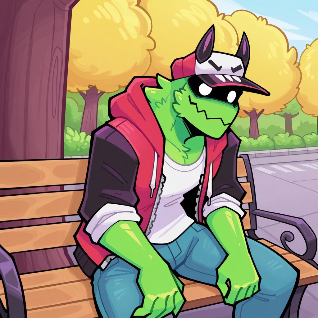 detailed background, outside, detailed, masterpiece, hires, absurd res, high quality, best quality, perfect face, male, 1boy, solo, madhousemike, green body, white eyes, cap, red hoodie, black sleeves, unzipped hoodie, rolled up sleeves, white shirt, blue pants, sitting on bench, dynamic pose