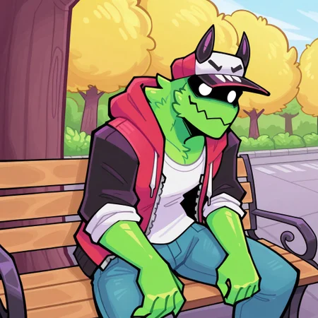 detailed background, outside, detailed, masterpiece, hires, absurd res, high quality, best quality, perfect face, male, 1boy, solo, madhousemike, green body, white eyes, cap, red hoodie, black sleeves, unzipped hoodie, rolled up sleeves, white shirt, blue pants, sitting on bench, dynamic pose