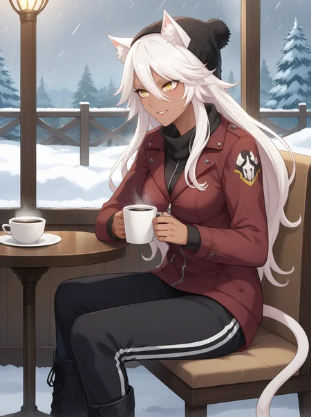 score_9, score_8, score_7_up, source_anime,
granart needakitta, animal ears, white hair, long hair,dark-skinned female, yellow eyes, white cat tail, 1girl, solo, animal ears
medium breasts,
sitting in a restaurant, winter, window, snow, storm, hot coffee, table, long sweatpants, boots, jacket, beanie
<lora:StS_PonyXL_Detail_Slider_v1.4_iteration_3:0.2> <lora:Expressive_H:0.1> <lora:housechores-guy-PONYv1:0.4> <lora:granart needakitta 0.1:0.65>
