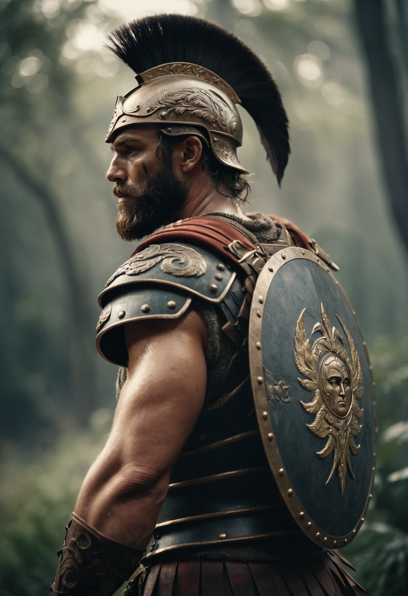Side View of a Roman Warrior wearing a shield on his back,Overgrown,mystic,ethereal,darkness,muscular,spartan,more impressive beard,extreme detailed and ornamented armor,black armor,gold ornament,
atmospheric haze,Film grain,cinematic film still,shallow depth of field,highly detailed,high budget,cinemascope,moody,epic,OverallDetail,2000s vintage RAW photo,photorealistic,candid camera,color graded cinematic,eye catchlights,atmospheric lighting,imperfections,natural,shallow dof,dynamic_angle,full body,<lora:RMSDXL_Darkness_Cinema:0.8>,<lora:RMSDXL_Enhance:0.8>,,
high resolution,extreme detail