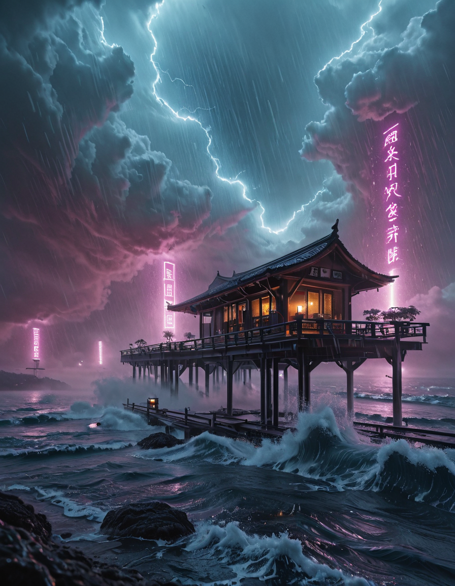 <lora:Space_Worlds_Minis_5:1> swminis5bis, in asia, beautiful landscape, seaside, storm, lightnings, trees, kanji, rain, wet, flowers, half flooded traditional house, lantern, waves, lots of wind, from below, from side, depth of field, bridge, giant waves