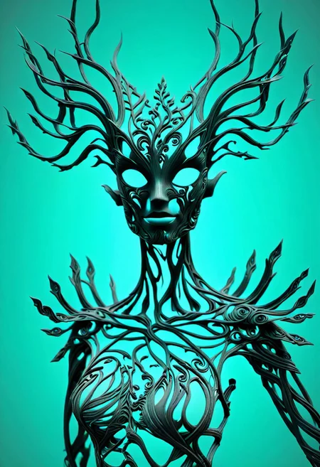 solo,
masterpiece, intricate details, thin sharp black metal swirls, exquisite delicate openwork black metal body structure, intricate detailed thin filigree delicate inner structure, 
disconnected limbs, disconnected parts,
close-up shot of full body, see through body, simple cyan background, openwork,
fractal style, YhnrFractalXL, organic, metallic, strings, plates, strips, floating, sharp, smooth, spikes, fluid, straight, rough, curved, open, 
slvt, fflix_shards