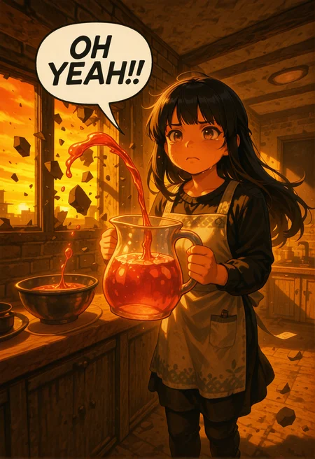 masterpiece, best quality, absurdres, very aesthetic, newest, 1girl, fern, kitchen interior, (fern standing, holding pitcher, pouring into bowl:1.3), (OH YEAH!, holding pitcher, speech bubble, debris, sad expression, serious, tears running down cheeks:1.4), quiet atmosphere, cinematic lighting, sunset rays through window, warm orange glow, long shadows, emotional stillness, clean background, focused composition, soft rim light, melancholic tone, no chaos, no debris, serene scene, <lora:dmd2_sdxl_4step_lora:1>, <lora:Kingpin_-_Life_of_Crime_Style_E17_DIM16_ILXL_V1.2:1>, <lora:oh_yeah:1.1>