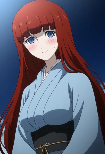 rating_safe, Ultra-high-detailed Anime illustration of Kagari Shiina from Anime Steins;Gate 0. The artwork features Kagari in a solo, standing position with a outdoors, flield and  background. firework exploding in background in the sky. night time. night.
She is depicted with intricate details showcasing her large breasts, natural_breasts. She is a white skinned, 22 years old woman. Kagari is looking_at_viewer with perfect_eyes, Her pupils are highly detailed. The eyes are open. blue eyes. Kagari's eyes are highlighted. Highlighted eyevrows. 
She has long hair, red colored hair, styled in blunt bangs and floating hair.
She is wearing a blue kimono and black shoes. japanese kimono, kimono.
The artistic style is intricate_details_xl with a focus on Anime art. The color palette emphasizes red and black with detailed strokes to bring out the character's features. The lighting creates dramatic shadows and highlights, adding depth to the artwork. The perspective is from a face focus, dutch angle to enhance the impact of the character's expression. This masterpiece is a true portrayal of Kagari's complex personality and will captivate any fan of Kagari. uncensored, upper body, blushing, smile, Kagari Shiina,
perfecteyes,
<lora:Steins_Gate:1>
kimono