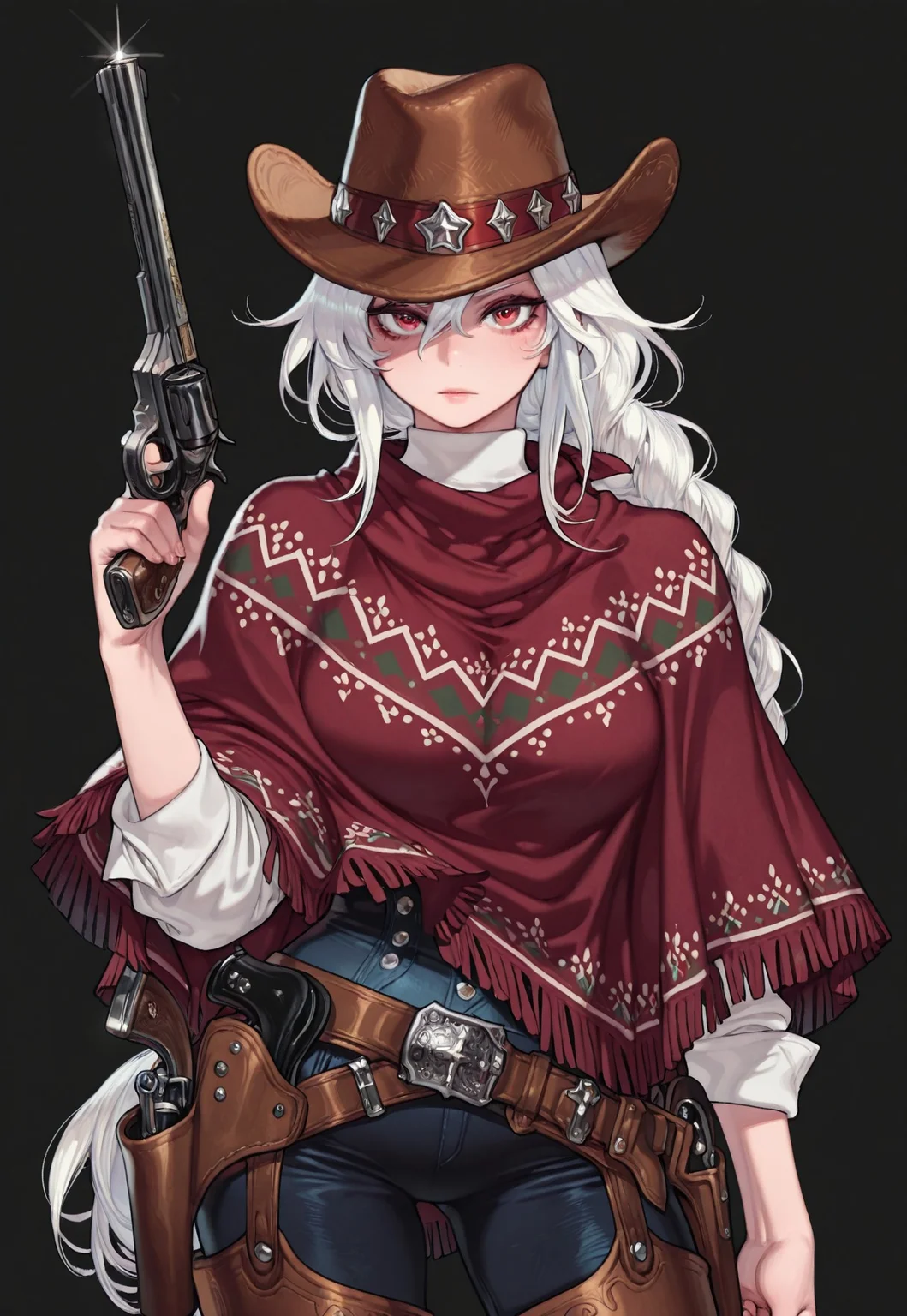 1 girl , solo , poncho , cowboy hat , voluptuous , holding revolver pistol , gun belts , chap ,cross_hairs ,braided long hair , white hair , looking at viewer ,bullseye ,
masterpiece, best quality ,amazing quality , p1ge0n666_illu ,
