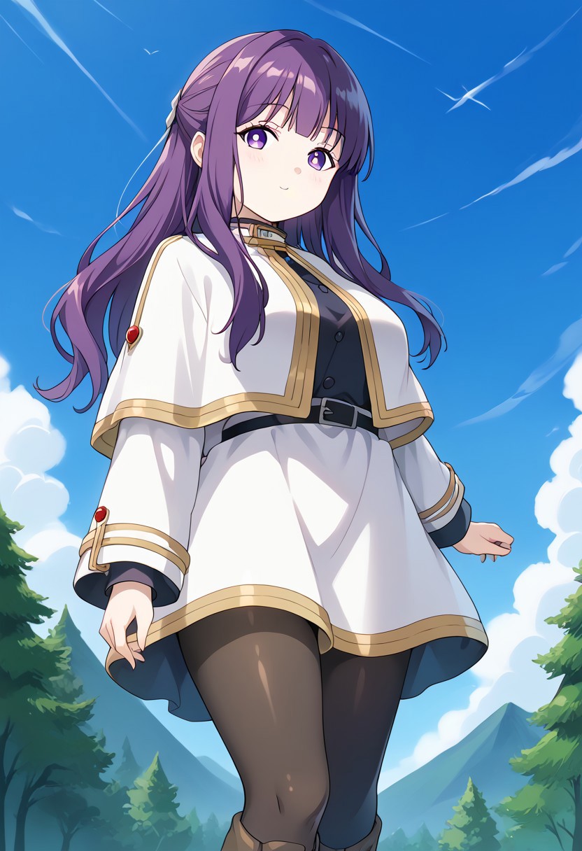 score_9, score_8_up, score_7_up, score_6_up, score_5_up, score_4_up, epic-Ultra-HD-details, epic-Ultra-HD-highlights, 2.5D-upscaled-resolution, source_anime, digital-quality, semi-realism, physically-realistic, lit, cutesie,
afrobullstyle, 
BREAK source_anime, anime, best quality, masterpiece, rating_safe, uncensored, High quality, 8k, Ultra, 
BREAK (outdoors,Forest, trees, rocks, mountains, blue sky, sun, cumulonimbus clouds),
BREAK  1girl, Fern_(Sousou_no_Frieren),purple eyes, purple pupils, purple hair, long hair, wavy hair, 
Frieren, white capelet with long sleeves, black belt, black pantyhose and brown boots
BREAK ((cowboy shot)),(standing),(from below),(((from front))),
busty breasts,（large breasts:1.2), (thick thighs,:1,2),
looking at viewer,smile,blush,((erect nipples)),