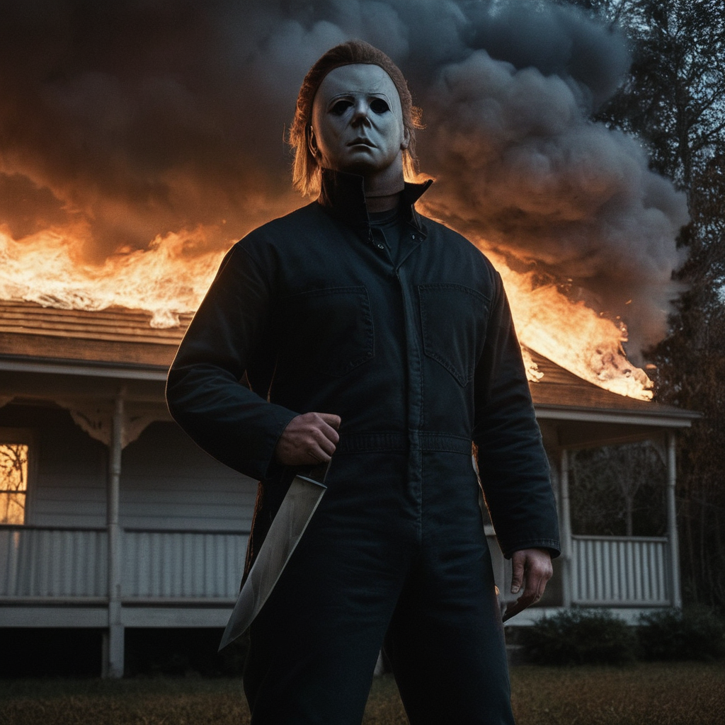 Horror-themed,  <lora:Michael Myers:1>
Michael Myers a very big giant projection of a man in sky holding a knife in front of a fire and a woman,Halloween style,long hair,blonde hair,brown hair,1boy,holding,jacket,weapon,male focus,pants,from behind,holding weapon,tree,gun,knife,building,holding knife,house , realistic, sharp, detailed, classic, 1970's, horror, photography, artistic, perfect knife, crazy, Eerie, unsettling, dark, spooky, suspenseful, grim, highly detailed