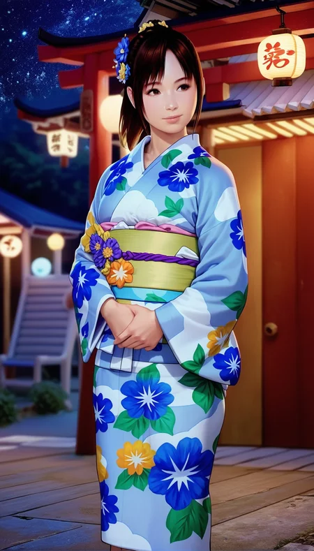 score_9,score_8_up,score_7_up,<lora:MiiyamotoHikari>,
miiyamotohikari,
highres,bloom,Volumetric Lighting,photorealism,
1girl,solo,black hair,ponytail,bangs,brown eyes,hair flower,looking ahead,kimono,yukata,floral print,smile,cowboy shot,blurry background,outdoors,night,dark,starry sky,light particles,