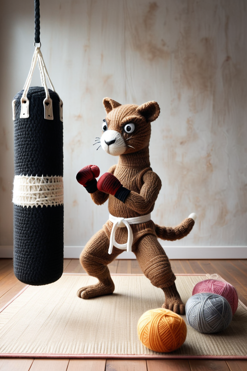 kangaroo boxing against a yarn punching bag, gritty, dark, realistic, surreal, solo, karate,
 <lora:Yarnworld:0.8> Yarnworld