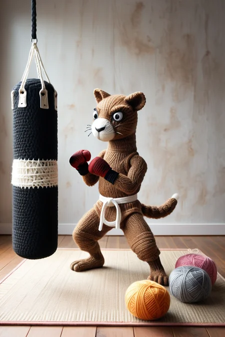 kangaroo boxing against a yarn punching bag, gritty, dark, realistic, surreal, solo, karate,
 <lora:Yarnworld:0.8> Yarnworld