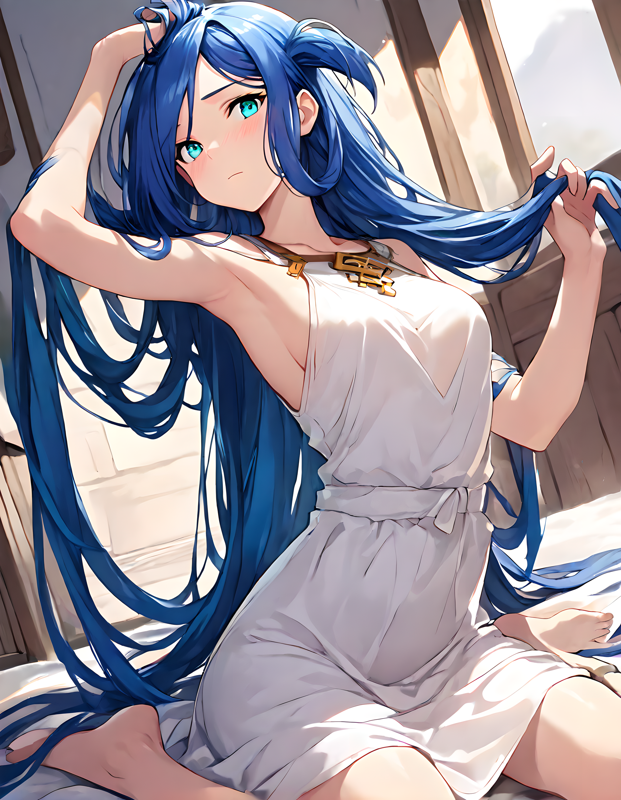 <lora:illustrious_XL_dana_v2:0.8>,dana,masterpiece,best quality,good quality,1girl,solo,no_headwear,no hair_ornament,very long hair,straight_hair,hair_flaps,white dress,wariza,push oneâs hair back,looking_at_viewer,light_blush,