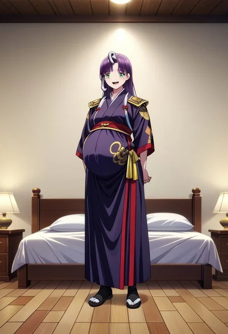 score_9, score_8_up, score_7_up, best quality, masterpiece, 4k, perfect lighting, very aesthetic, anime, anime coloring, official art, anime screencap,
OverallDetail, fFaceDetai,
bedroom, happy, smile, huge pregnant belly,  indoors,bed,
 <lora:Chained_Soldier:1>, Shikoku, black and purple hair, snake hair, 1girl, solo girl, full body,