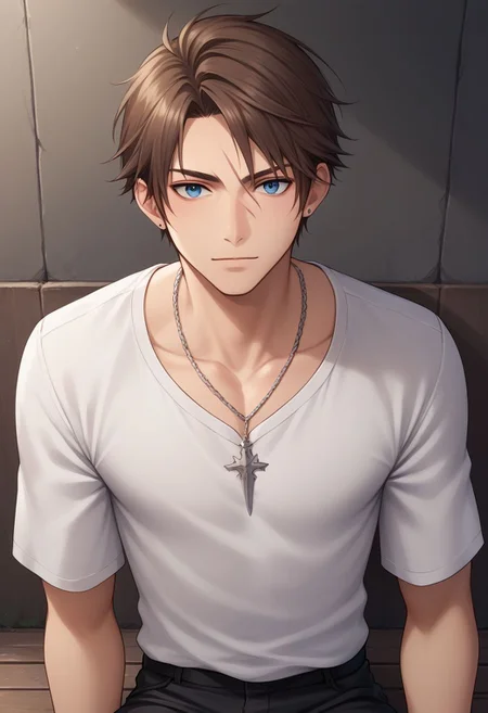 score_9, score_8_up, score_7_up, source_anime, highly detailed, 1boy, solo, skinny,
squall, 1boy, jewelry, male focus, necklace, solo, brown hair, short hair, white shirt, blue eyes, shirt, upper body, red scar, scar on face, parted bangs, black pants,
outdoor, sit,
