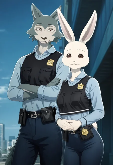 score_9, score_8_up, score_7_up, masterpiece, best quality, highly detailed, realistic, duo, side by side, size different
BREAK
HaruS3, 1girl, furry, anthro, lagomorph, female rabbit, pink inner ear, rabbit ears, very Short, black eyebrows, thin eyebrows, brown sclera, black eyes, glistening eyes, white body, white fur, medium breasts, supple round butt, legs, smug expression, police uniform,bulletproof vest,blue leggings, Long sleeve, looking at viewer, city, outdoors, blurry depth of field, volumetric lighting, vivid colors, dynamic angle, posing, expressive, portrait, arms crossed,
1boy, legoshi, official art, Male gray wolf, wolf ears, Wolf tail, tall,<lora:Legoshi_r2-000002:0.8> , masculine, looking at viewer