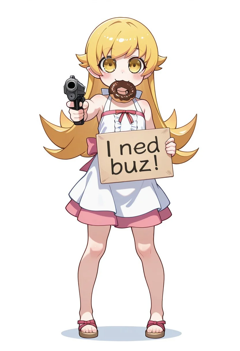 1 girl , Oshino_Shinobu , long hair , sundress , full body, big eyes , need_buzz_for_donut , holding sign , pointing gun at viewer , :3 , donut in mouth ,
masterpiece, best quality, absurdres ,