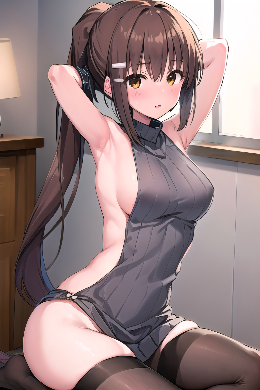 masterpiece, best quality, ultra-high-detailed, virgin killer sweater, backless outfit,  Minakami Yuki, brown hair, brown eyes, ponytail, choker, pin, armband,