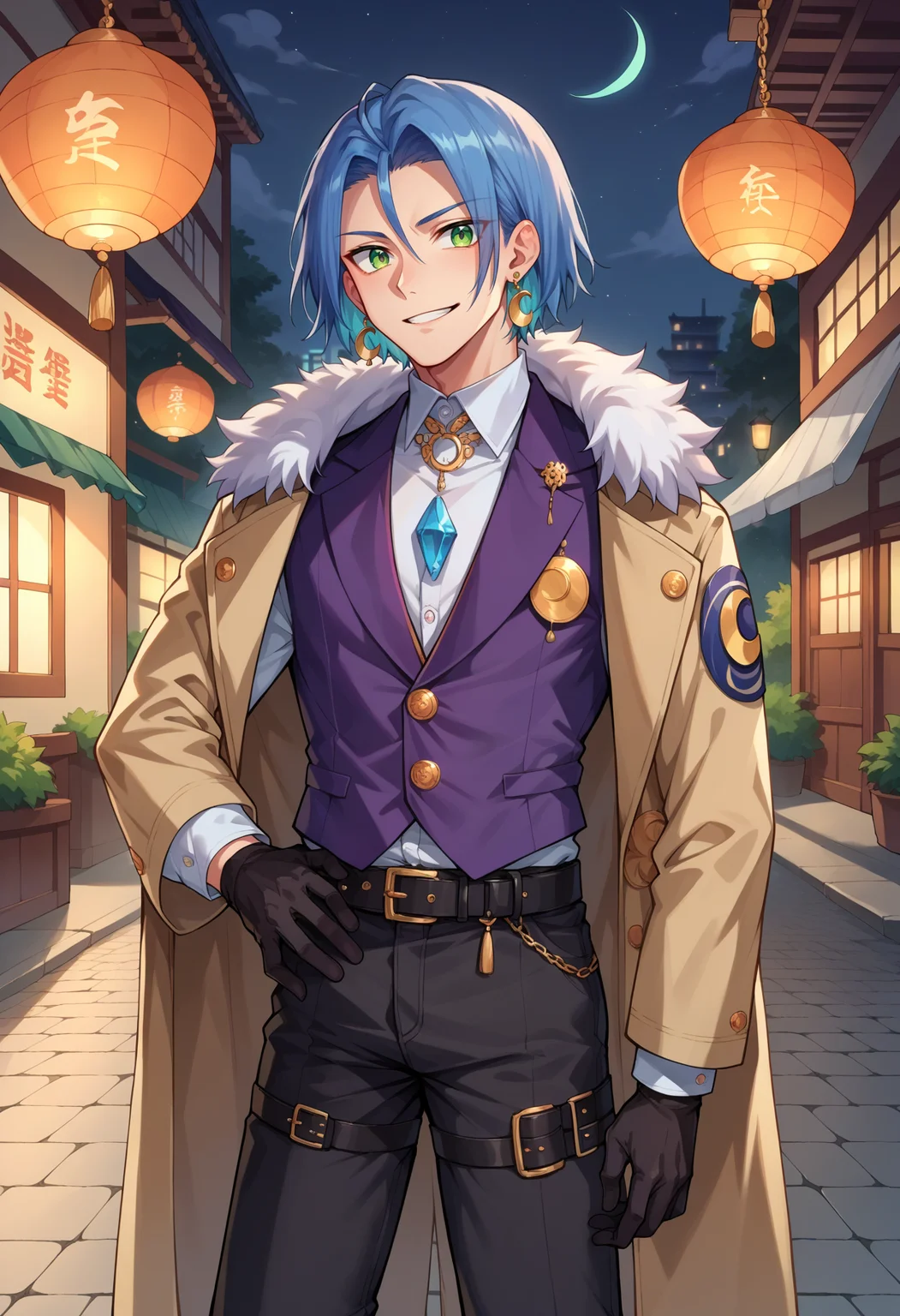 score_9, score_8_up,score_7_up, score_9, score_8_up,score_7_up, source_anime, 1boy, solo, <lora:EPpkJamesPony-07:0.8> EPpkJames, medium hair, blue hair, green eyes, belt, belt buckle, black belt, black footwear, black gloves, black jacket, black pants, blue coat, buckle, coat, jacket on shoulders, collared shirt, crescent, crescent earrings, ear chain, earrings, fur trim, fur trim coat, gem, gloves, hand on own chest, hand on own hip, jacket, jewelry, lapel pin, lapels, open clothes, open collar, open jacket, oxfords, padded coat, pants, purple vest, shirt,smile, standing, tassel, tassel earrings, thigh strap, two-sided coat, two-sided fabric, vest, white shirt, night, outdoors,