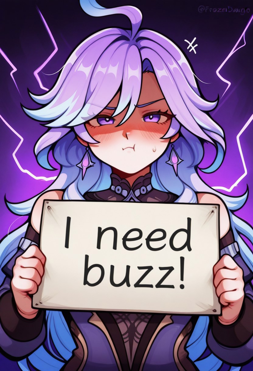 mavuika_(genshin_impact)
,need_buzz, holding sign. background of purple lightning. pouting face,frozenlilyst2l3, blushing, shaded_face,  (artist:_fluffydango:1)