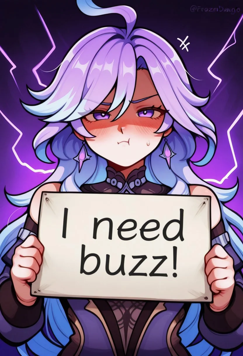 mavuika_(genshin_impact)
,need_buzz, holding sign. background of purple lightning. pouting face,frozenlilyst2l3, blushing, shaded_face, (artist:_fluffydango:1)
