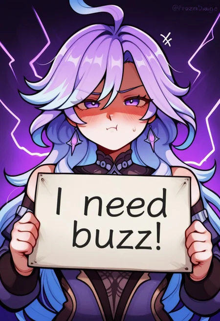 mavuika_(genshin_impact)
,need_buzz, holding sign. background of purple lightning. pouting face,frozenlilyst2l3, blushing, shaded_face,  (artist:_fluffydango:1)