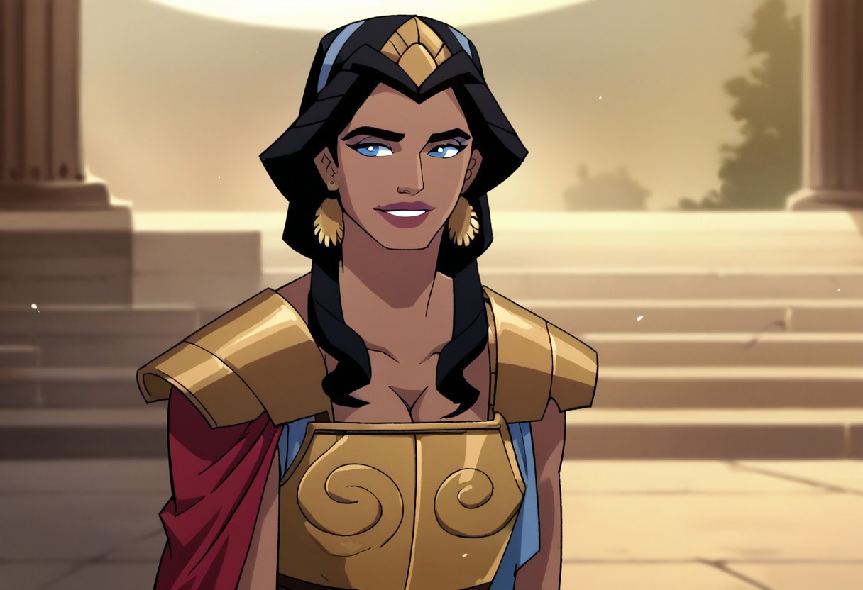 score_9, score_8_up, score_7_up, hippolyta, long hair, blue eyes, black hair, makeup, lipstick, armor, jewelry, earrings, greek dress, cleavage, smile