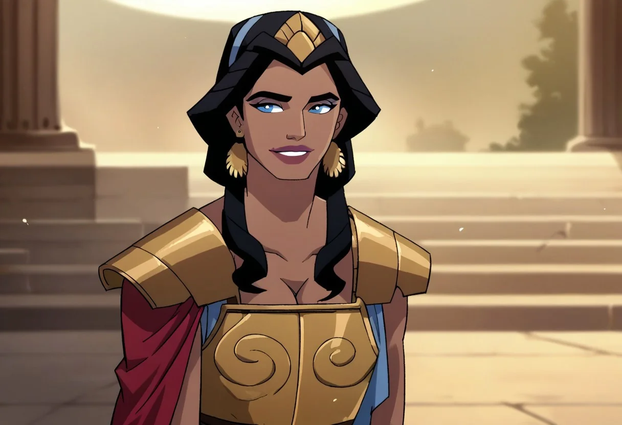 score_9, score_8_up, score_7_up, hippolyta, long hair, blue eyes, black hair, makeup, lipstick, armor, jewelry, earrings, greek dress, cleavage, smile