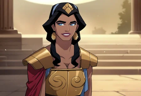 score_9, score_8_up, score_7_up, hippolyta, long hair, blue eyes, black hair, makeup, lipstick, armor, jewelry, earrings, greek dress, cleavage, smile