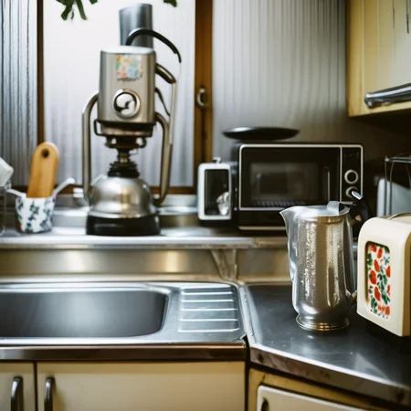 (wide shot:1.4),raw photo,retro,kitchen,sink,metal pitcher,flower pattern printed glass,film photograpy,retro,film grain,stucked plate,blurry background,toaster,<lora:Showa_Atmosphere:1>