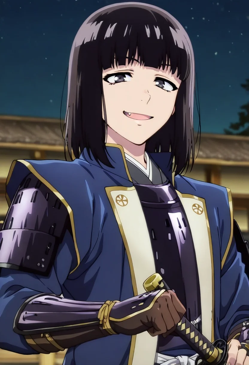 masterpiece, best quality, absurdres, detailed skin, detailed eyes, anime colored, anime screencap,
<lora:Suzushiro_Hatsuka_IL-000008:1>, 1 boy, femboy, Suzushiro Hatsuka, black hair, black eyes, bangs, looking at viewer,
<lora:jinbaori:1>, jinbaori, armor, shoulder armor, gloves, gauntlet, no headwear, katana,
smile, eyes open, mouth open, fang,
riverside,