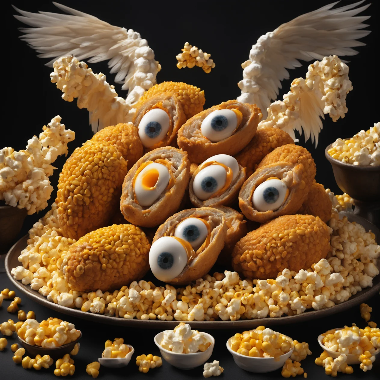 <lora:biblical_angels:0.8>photographic realism,biblicalangellora, integrated,wings, many eyes,buffalo wings and things, scotch eggs,dark background,<lora:CornKernelStyle:0.6>corn kernels,popcorn